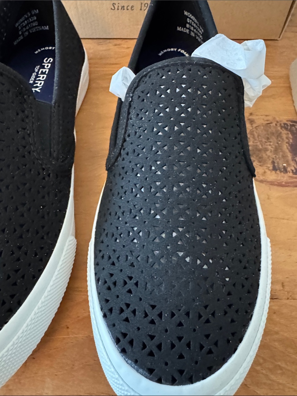 Sperry Black Perforated Slip-On Sneakers with White Sole___new in box. - Picture 3 of 7